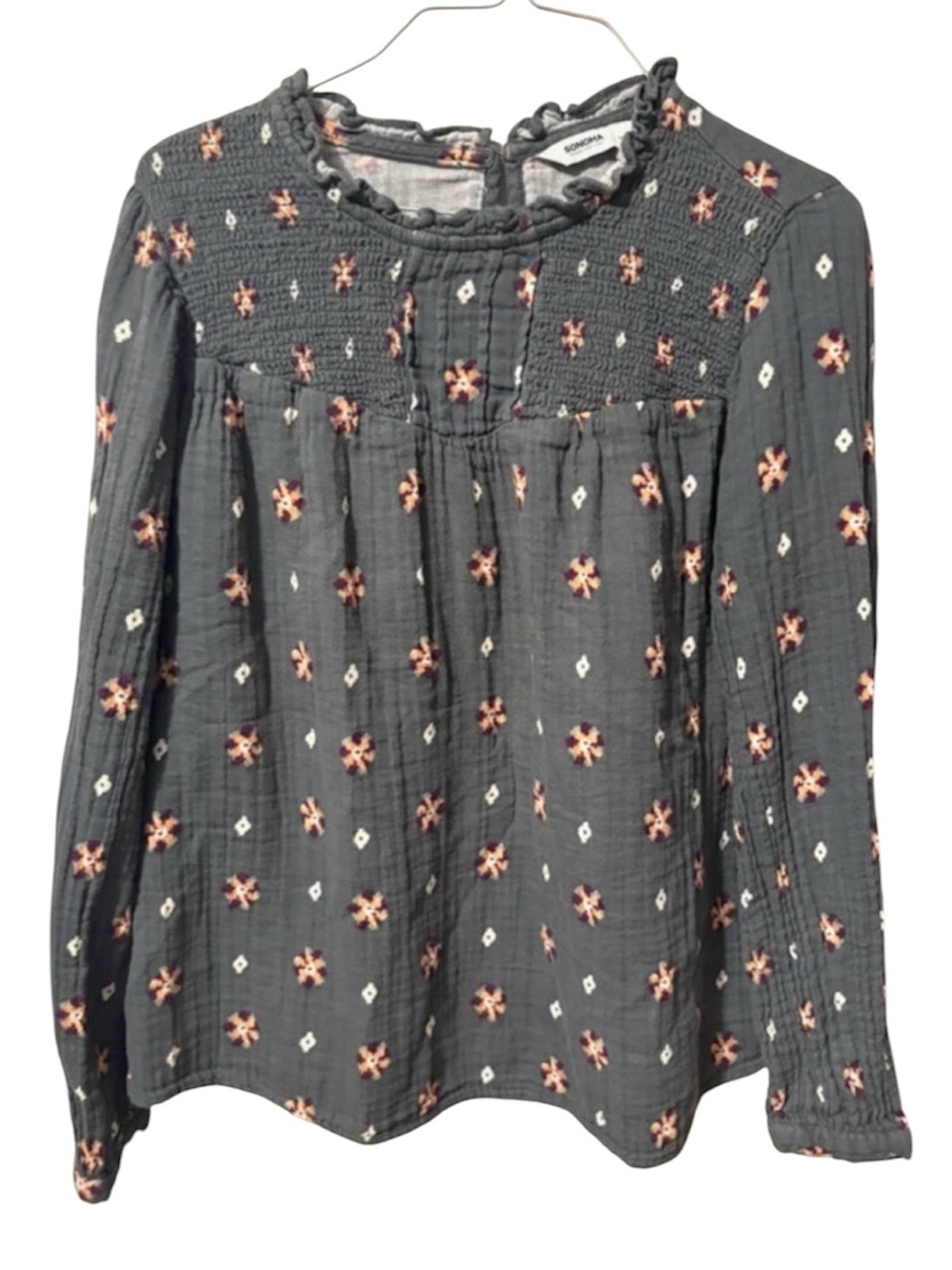 Sonoma Slate Gray Floral Smocked Blouse